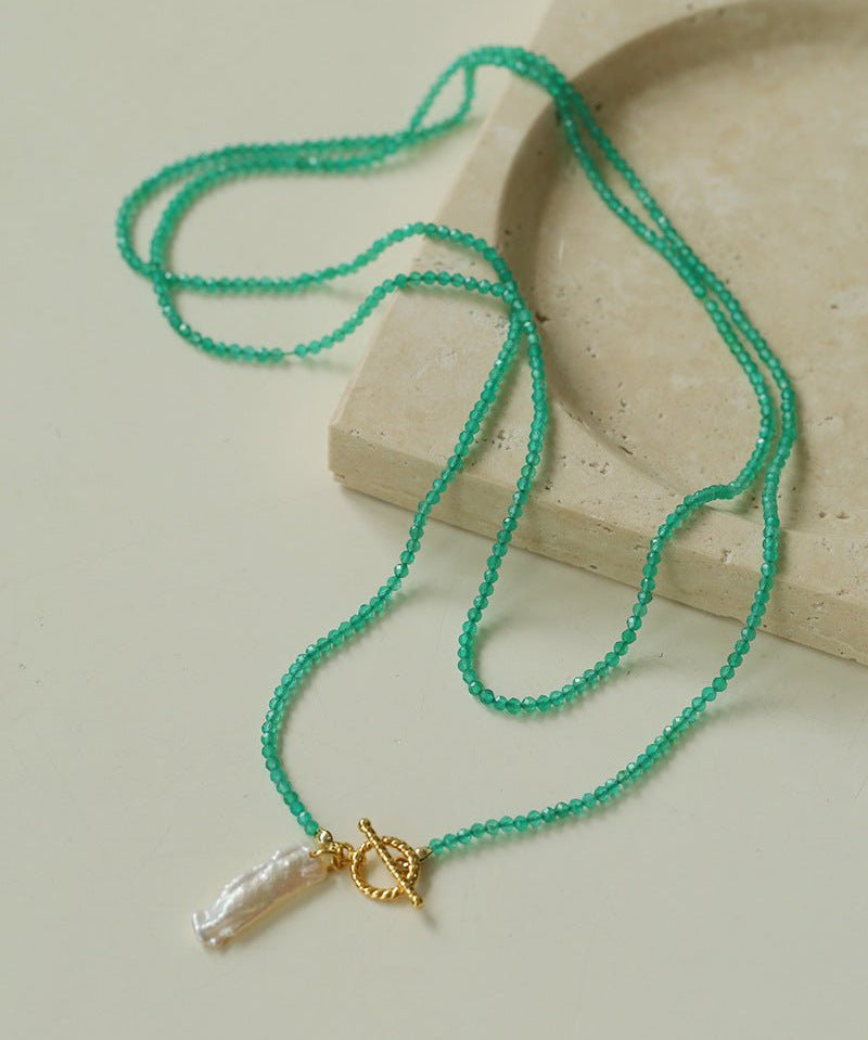 Gemstone and Toothpick Baroque Pearl OT Clasp Pendant Necklace - floysun