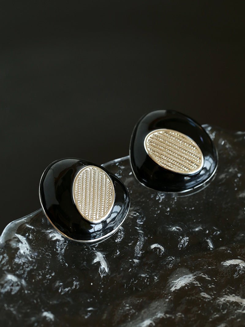 Geometric Black Enamel Earrings with White Texture - floysun