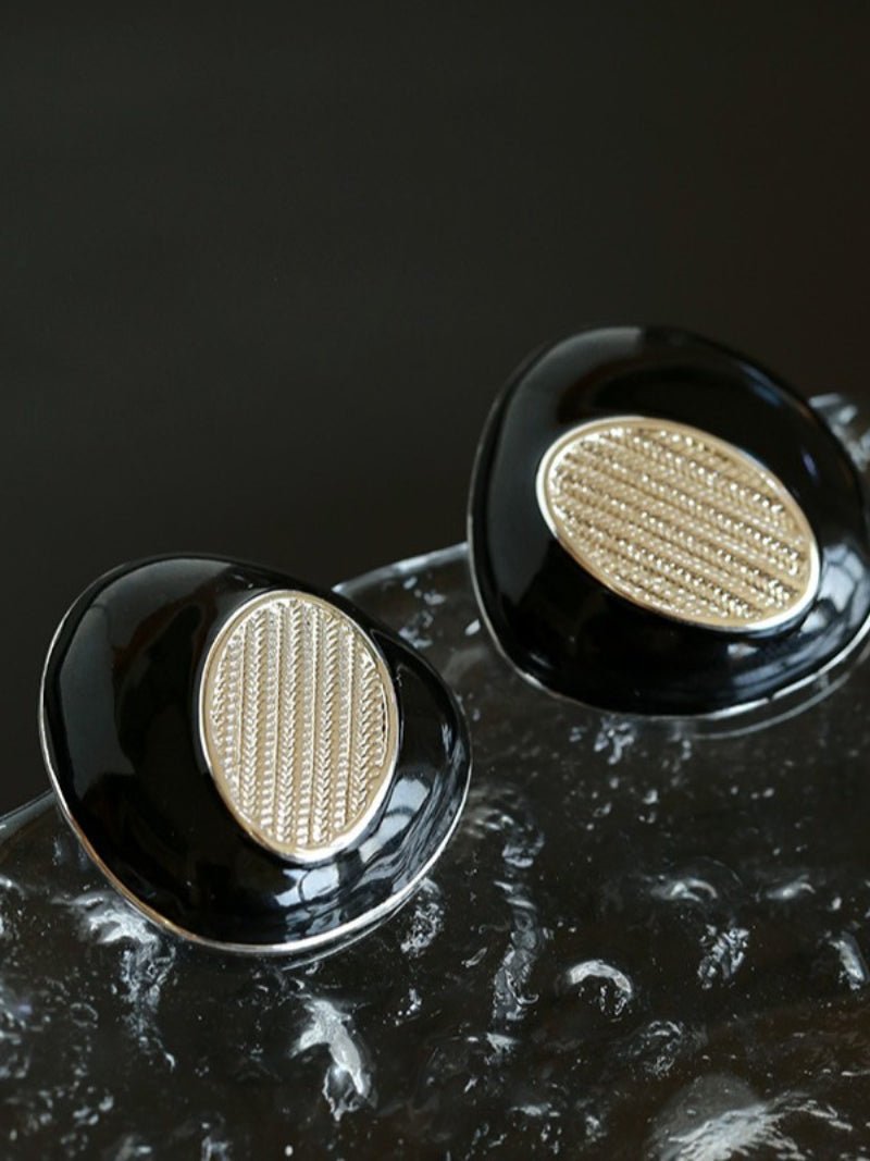 Geometric Black Enamel Earrings with White Texture - floysun