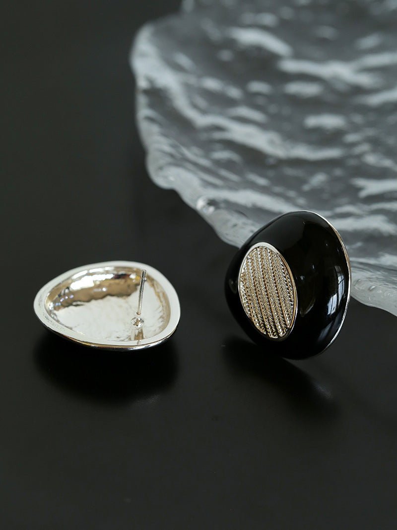 Geometric Black Enamel Earrings with White Texture - floysun