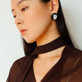 Geometric Black Enamel Earrings with White Texture - floysun