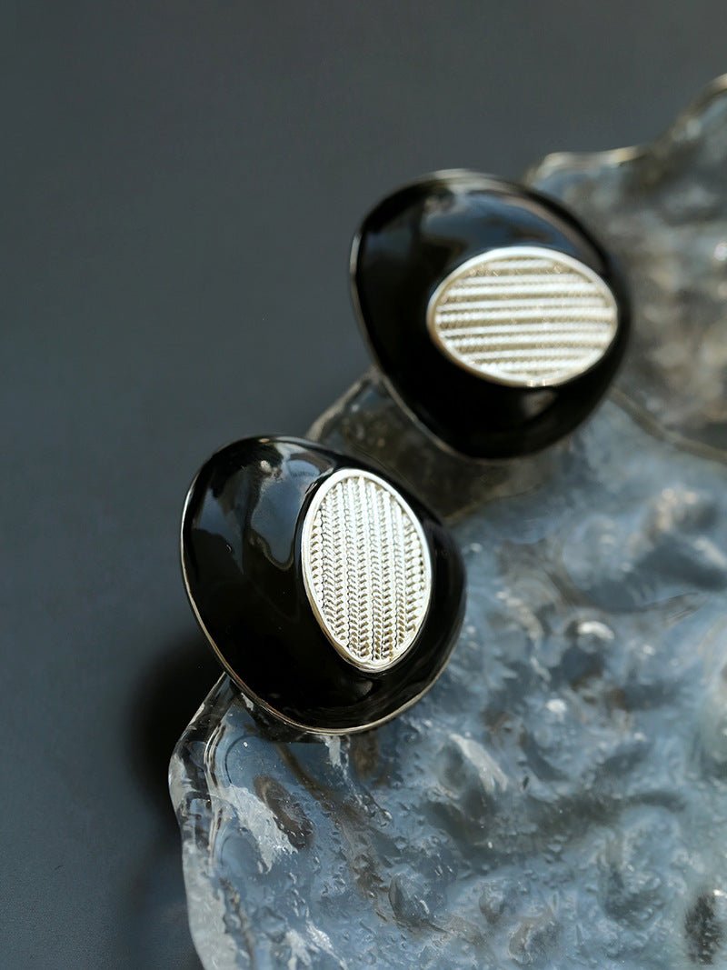 Geometric Black Enamel Earrings with White Texture - floysun