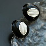 Geometric Black Enamel Earrings with White Texture - floysun