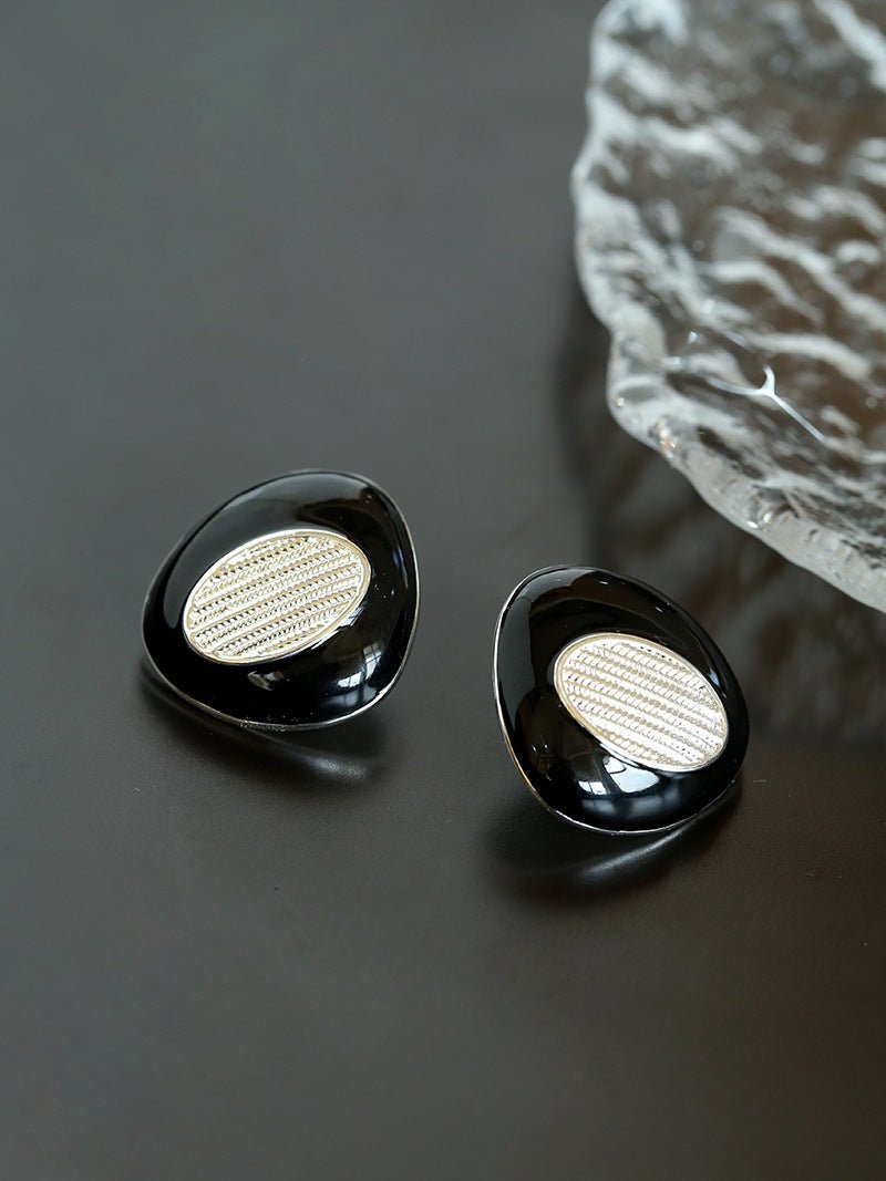 Geometric Black Enamel Earrings with White Texture - floysun