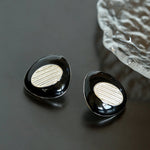 Geometric Black Enamel Earrings with White Texture - floysun