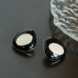 Geometric Black Enamel Earrings with White Texture - floysun