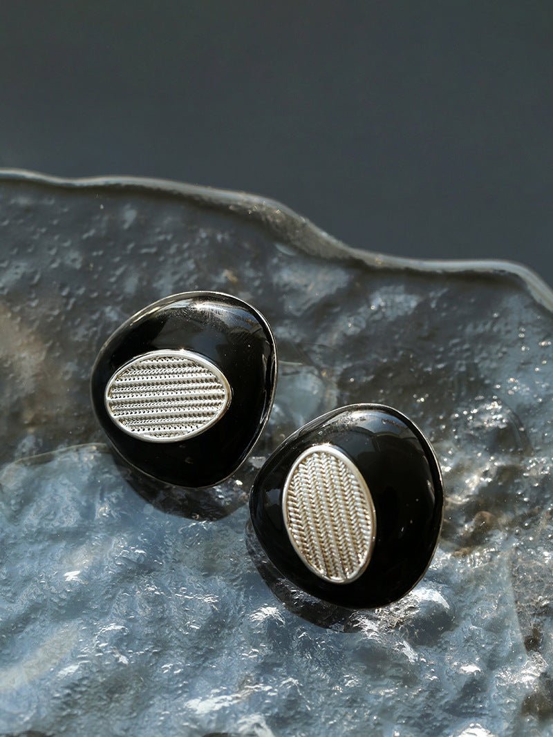 Geometric Black Enamel Earrings with White Texture - floysun
