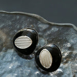 Geometric Black Enamel Earrings with White Texture - floysun