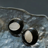 Geometric Black Enamel Earrings with White Texture - floysun