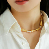 Geometric Irregular Metal Toothpicks Spliced Round Pearl Necklace - floysun