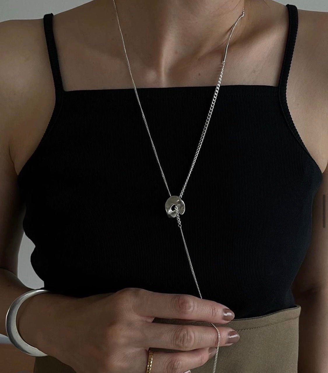 Geometric Layered Necklace with Sculptural Pendant – Sterling Silver - floysun