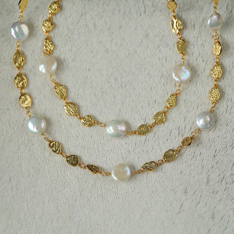 Gold Coin Lava Button Baroque Pearl Necklace - floysun