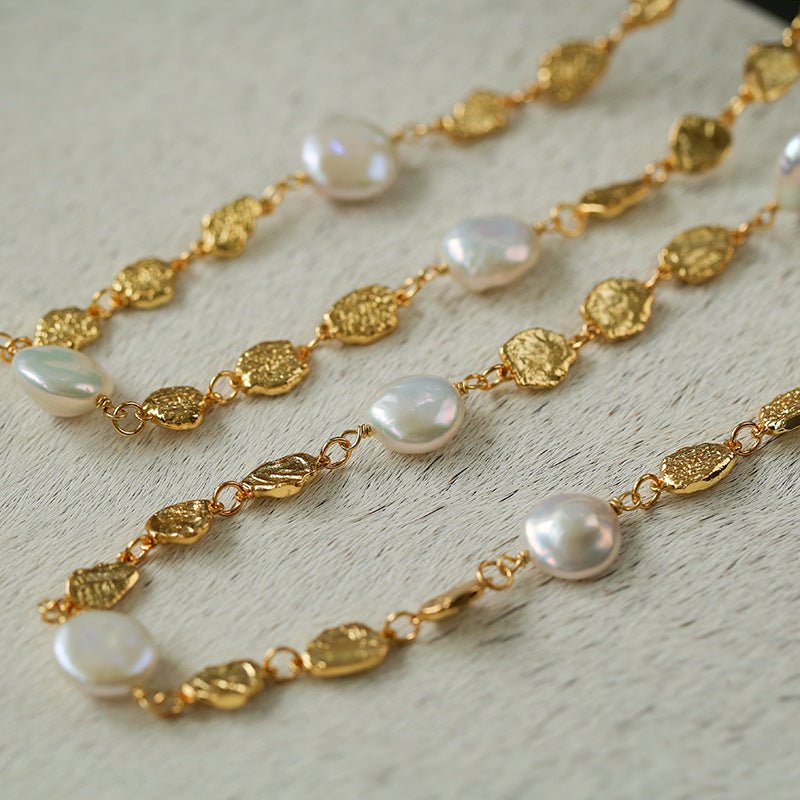 Gold Coin Lava Button Baroque Pearl Necklace - floysun