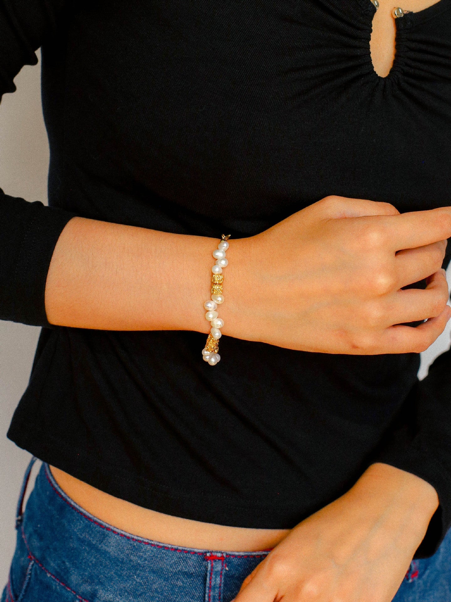 Golden Bean Staggered Pearl Bracelet - floysun