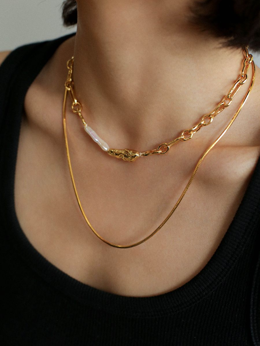 Golden Harmony Baroque Pearl Chain Collar Necklace - floysun