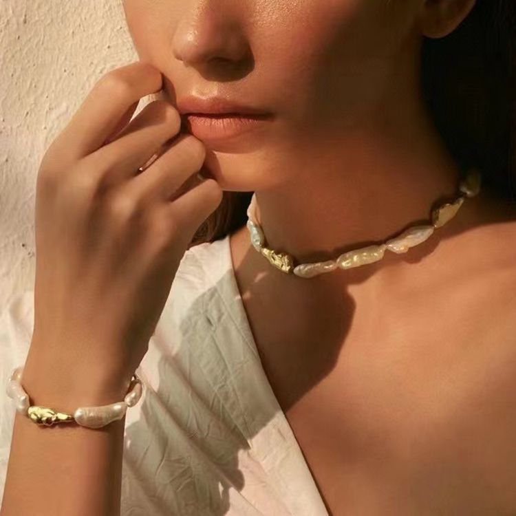 Golden Harmony Baroque Pearl Chain Collar Necklace - floysun