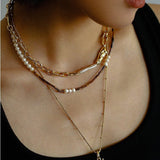 Golden Harmony Baroque Pearl Chain Collar Necklace - floysun