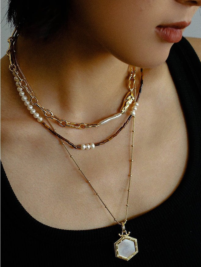 Golden Harmony Baroque Pearl Chain Collar Necklace - floysun