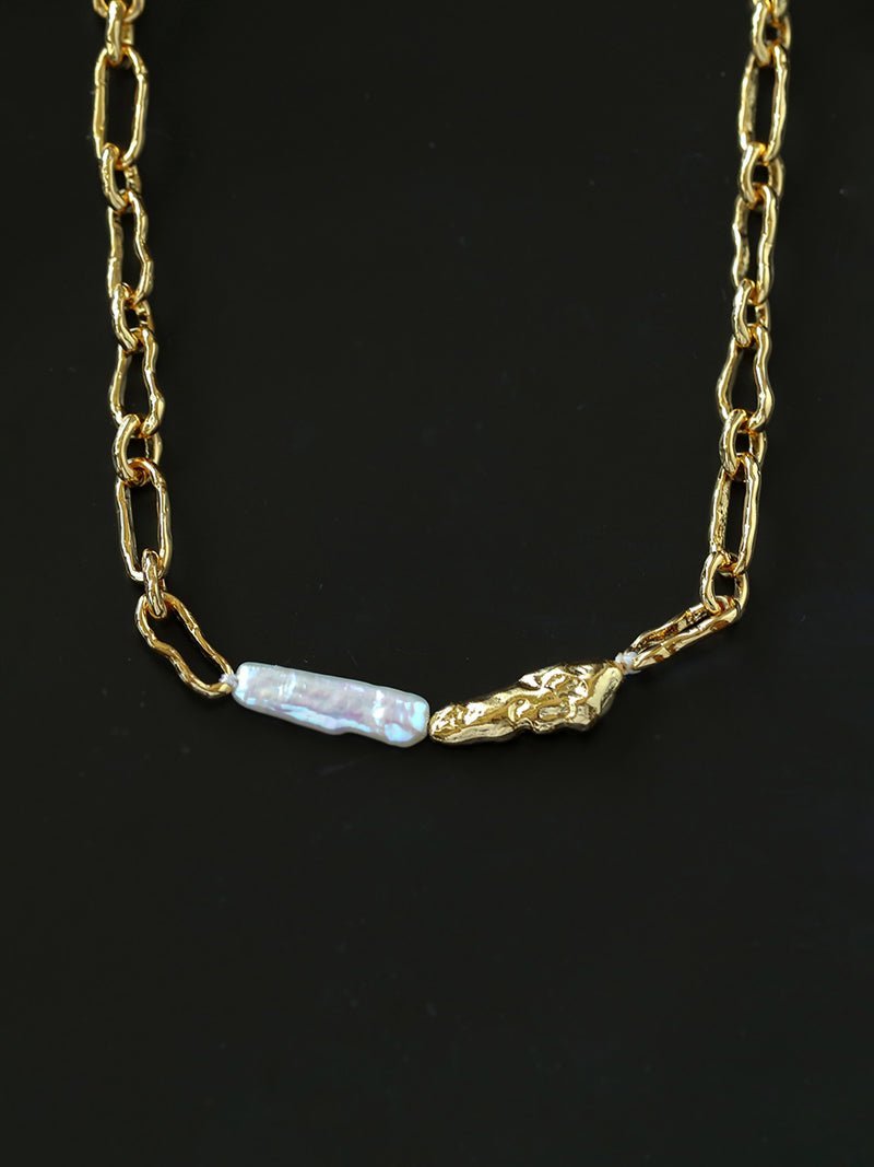 Golden Harmony Baroque Pearl Chain Collar Necklace - floysun