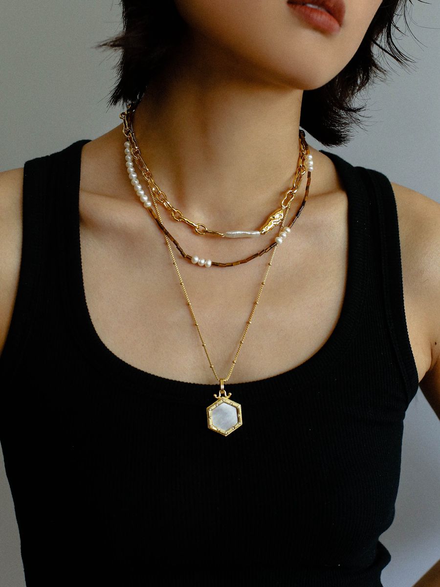 Golden Harmony Baroque Pearl Chain Collar Necklace - floysun
