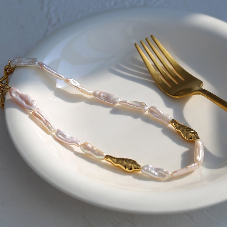 Golden Harmony Baroque Pearl Chain Collar Necklace Baroque Pearl Style - floysun
