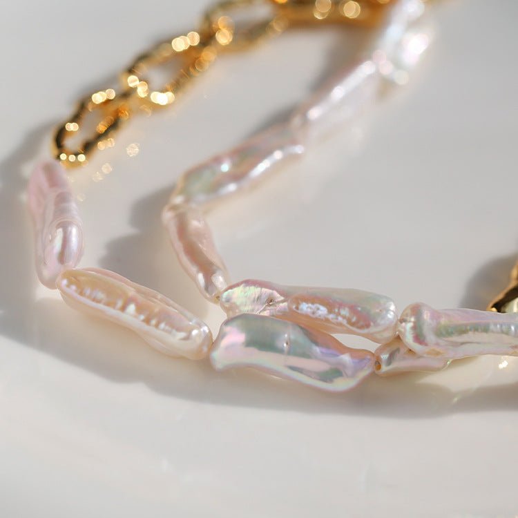 Golden Harmony Baroque Pearl Chain Collar Necklace Baroque Pearl Style - floysun