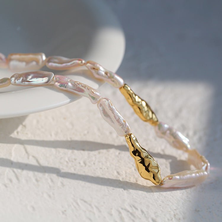 Golden Harmony Baroque Pearl Chain Collar Necklace Baroque Pearl Style - floysun