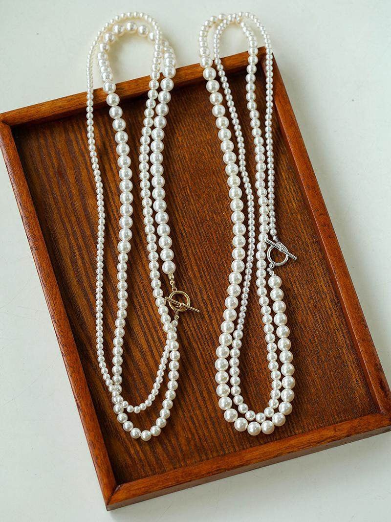 Gradient Pearl Long OT Clasp Necklace Sweater Necklace - floysun