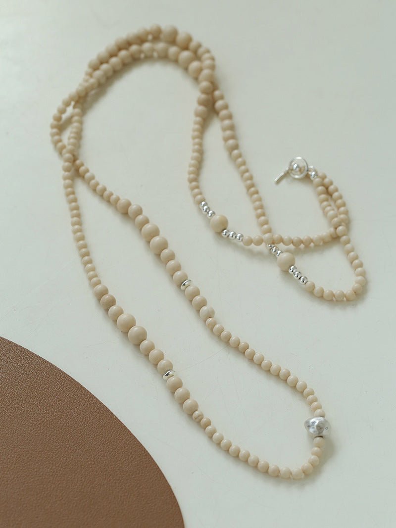 Gradient White Fossil and Silver Bead Long Beaded OT Clasp Necklace - floysun