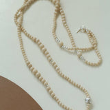 Gradient White Fossil and Silver Bead Long Beaded OT Clasp Necklace - floysun