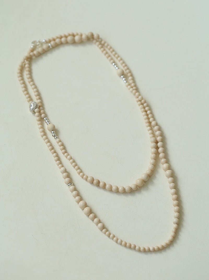 Gradient White Fossil and Silver Bead Long Beaded OT Clasp Necklace - floysun