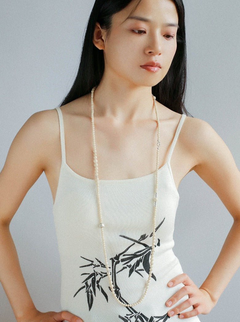 Gradient White Fossil and Silver Bead Long Beaded OT Clasp Necklace - floysun