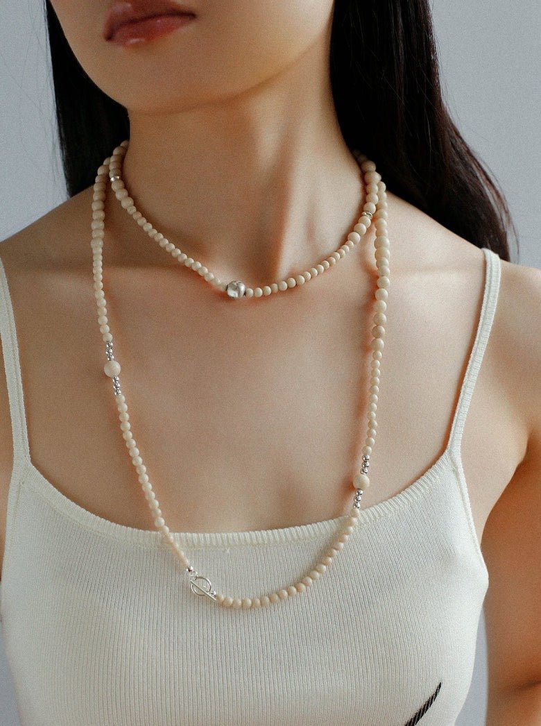 Gradient White Fossil and Silver Bead Long Beaded OT Clasp Necklace - floysun