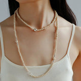 Gradient White Fossil and Silver Bead Long Beaded OT Clasp Necklace - floysun