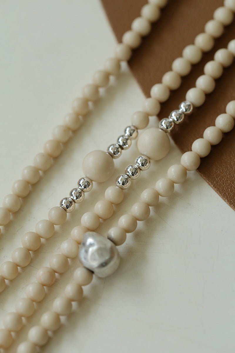 Gradient White Fossil and Silver Bead Long Beaded OT Clasp Necklace - floysun