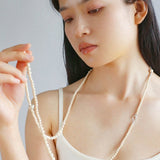 Gradient White Fossil and Silver Bead Long Beaded OT Clasp Necklace - floysun