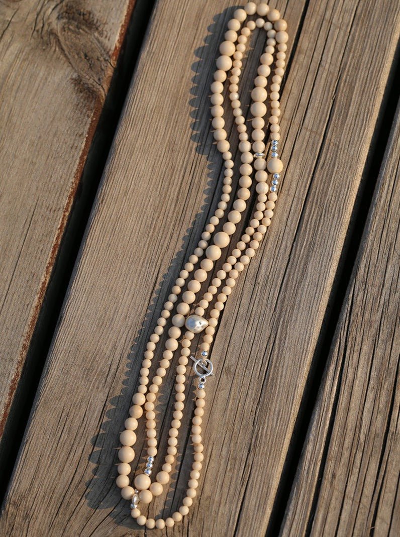 Gradient White Fossil and Silver Bead Long Beaded OT Clasp Necklace - floysun