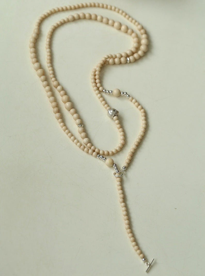 Gradient White Fossil and Silver Bead Long Beaded OT Clasp Necklace - floysun
