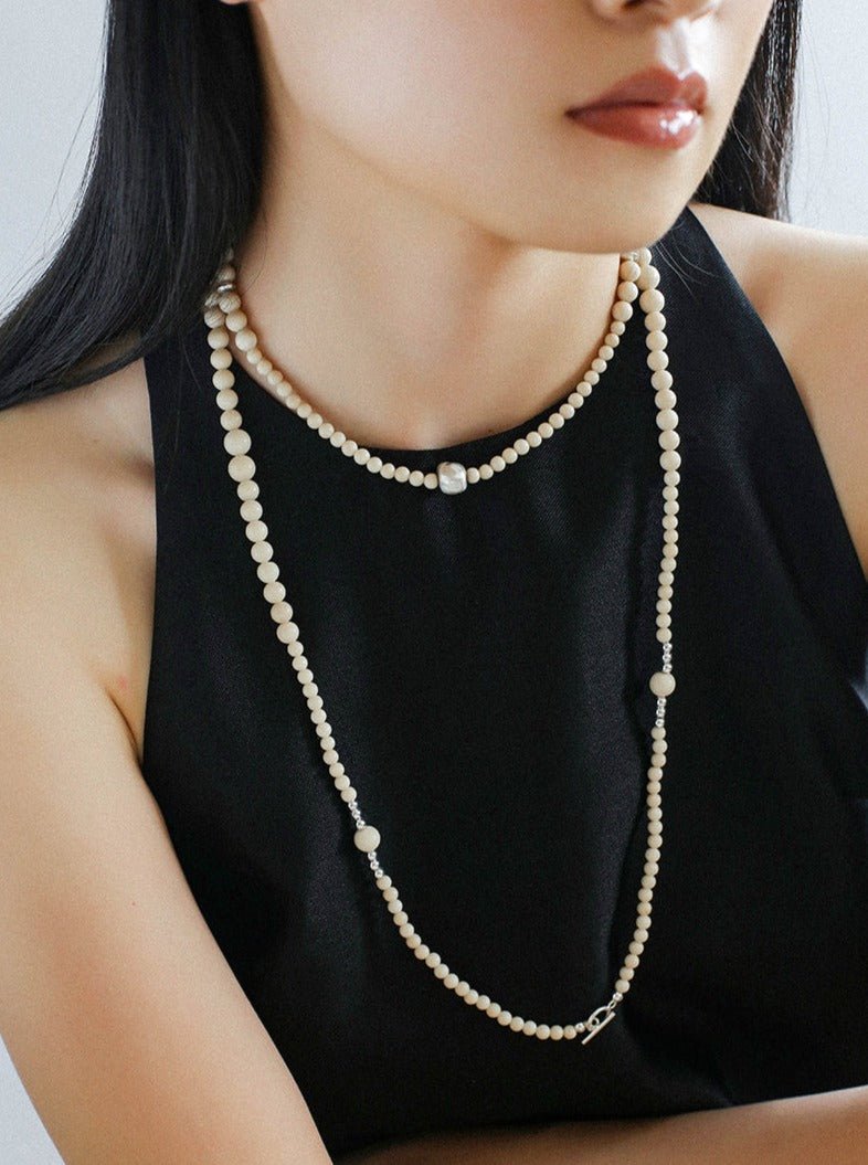 Gradient White Fossil and Silver Bead Long Beaded OT Clasp Necklace - floysun