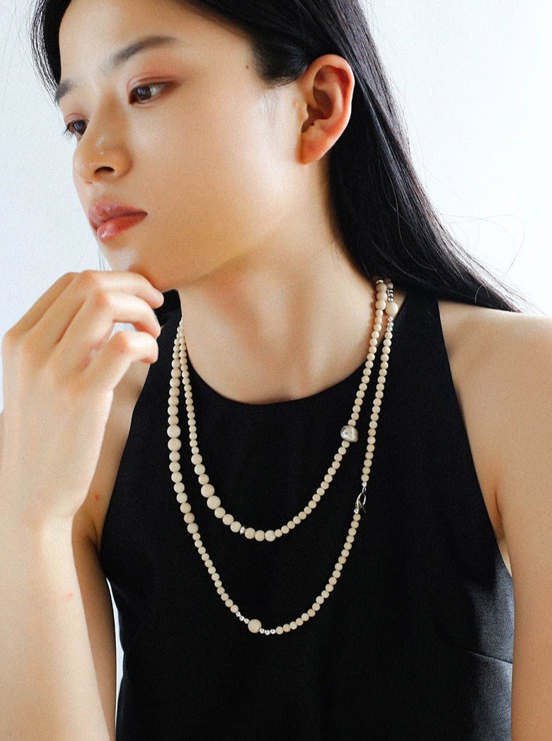 Gradient White Fossil and Silver Bead Long Beaded OT Clasp Necklace - floysun