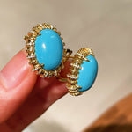 Grand Vintage Lace Blue Turquoise Hoop Earrings Regal Filigree Setting - floysun