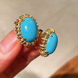 Grand Vintage Lace Blue Turquoise Hoop Earrings Regal Filigree Setting - floysun