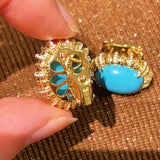 Grand Vintage Lace Blue Turquoise Hoop Earrings Regal Filigree Setting - floysun