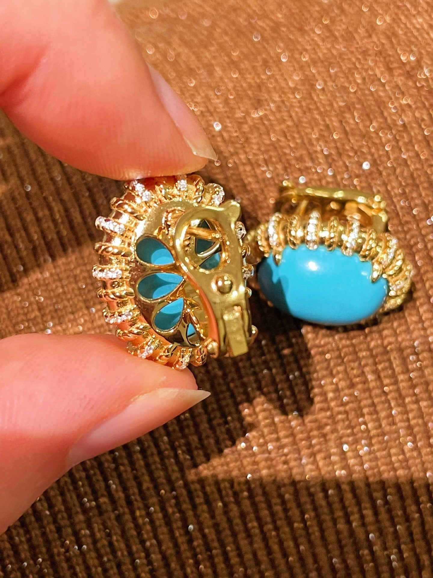 Grand Vintage Lace Blue Turquoise Hoop Earrings Regal Filigree Setting - floysun