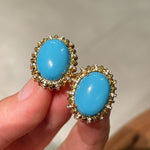 Grand Vintage Lace Blue Turquoise Hoop Earrings Regal Filigree Setting - floysun