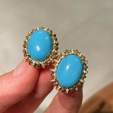 Grand Vintage Lace Blue Turquoise Hoop Earrings Regal Filigree Setting - floysun