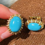 Grand Vintage Lace Blue Turquoise Hoop Earrings Regal Filigree Setting - floysun