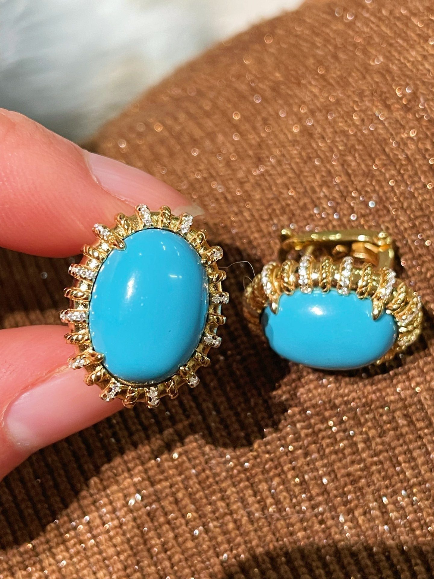 Grand Vintage Lace Blue Turquoise Hoop Earrings Regal Filigree Setting - floysun
