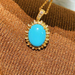 Grand Vintage Lace Blue Turquoise Pendant Necklace Regal Filigree Setting - floysun