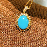 Grand Vintage Lace Blue Turquoise Pendant Necklace Regal Filigree Setting - floysun
